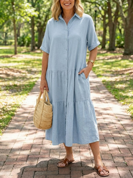New Arrivals 🔥 Women's Comfortable Lapel Button Loose Linen and Cotton Dress