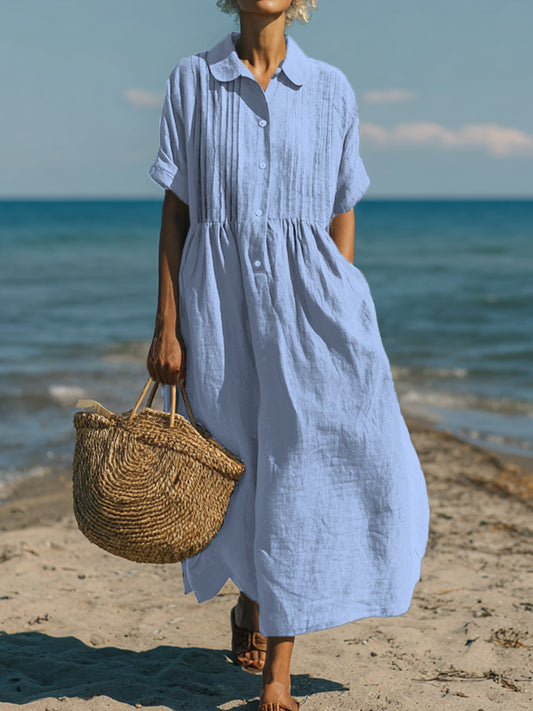 New Arrivals🔥 Women's Casual Cotton and Linen Peter Pan Collar Short Sleeve Dress