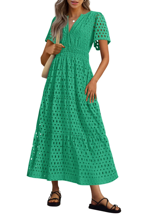 2026 Womens Summer V Neck Maxi Dress Short Sleeve Hollow Out Flowy Beach Dress