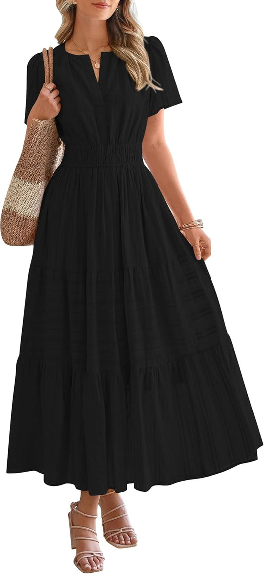NEW🔥2026 Women's Summer Lightweight Short Sleeve V Casual Midi Maxi Dresses