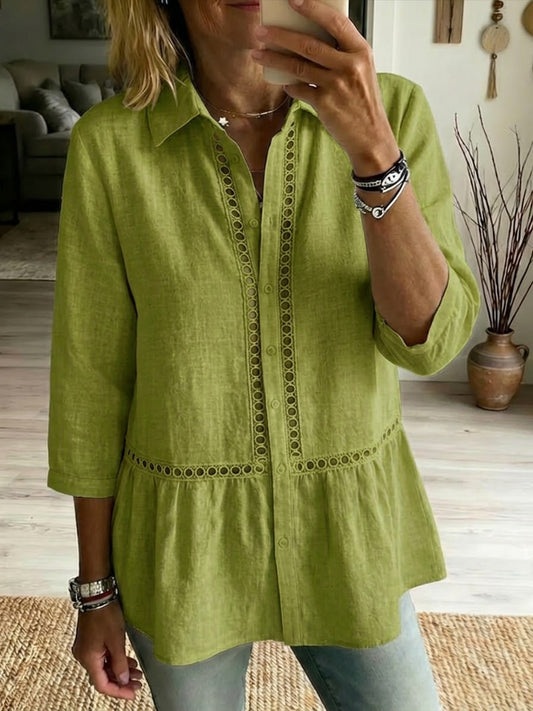 NEW🔥Women's Casual Patchwork Openwork Webbing Linen And Cotton Shirt