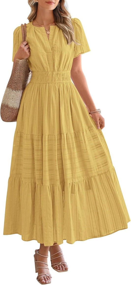 NEW🔥2026 Women's Summer Lightweight Short Sleeve V Casual Midi Maxi Dresses