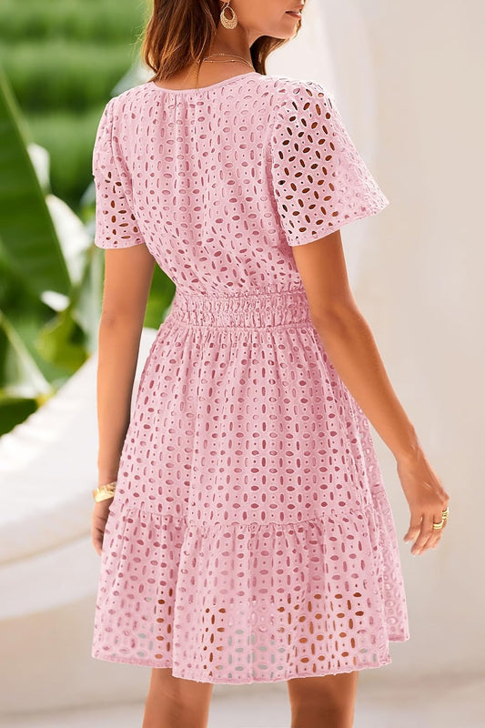 Women's 2025 Summer V-Neck Lace Ruffle Short Dress