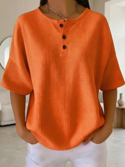 New Arrivals🔥Women's Casual Waffle Henry Collar 4/3 Sleeves T-shirt