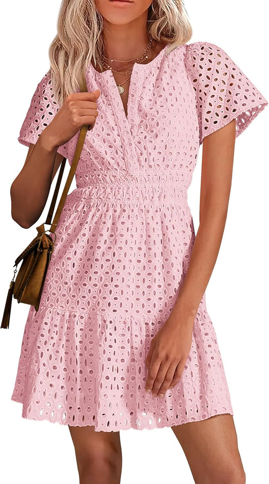Women's 2025 Summer V-Neck Lace Ruffle Short Dress