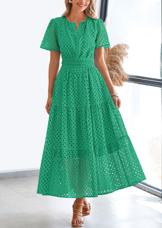 2026 Womens Summer V Neck Maxi Dress Short Sleeve Hollow Out Flowy Beach Dress