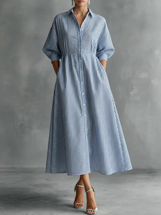 New Arrivals🔥Women's Striped Art Lapel Button Art Casual Stylish Cotton Linen Dress